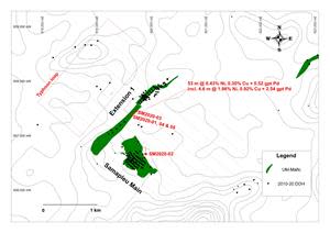 Samapleu deposits surface map showing holes SM2020-1 to 5 and the layout of the Typhoon survey.