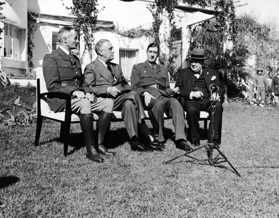 (L-R) French General Henri Giraud, President Franklin D. Roosevelt, French General Charles De Gaulle and British PM Winston Churchill while attending the conference in Casablanca.