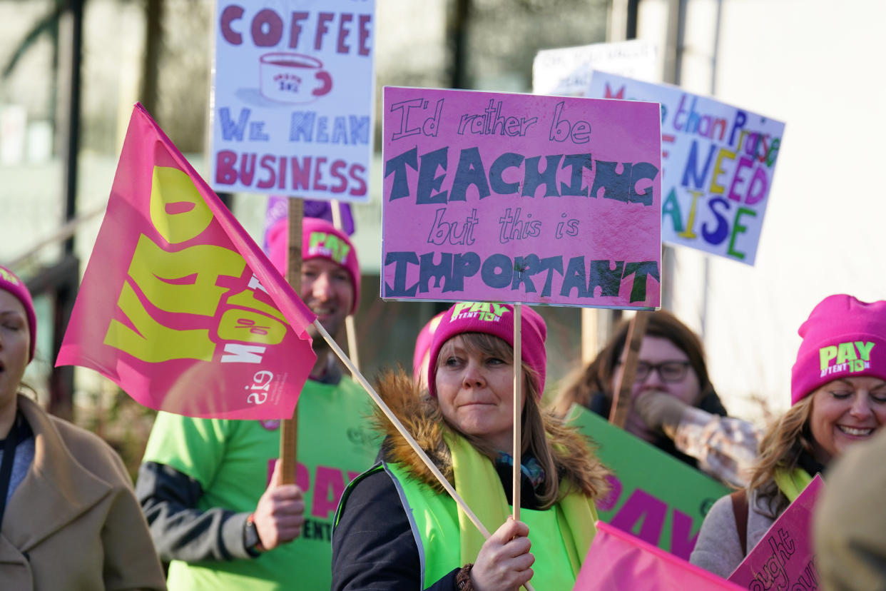 Teachers from the Educational Institute of Scotland (EIS) union hold a protest outside the offices of Clackmannanshire Council in Alloa, as they strike over pay during an EIS 16-day rolling programme of regional action. Picture date: Wednesday February 1, 2023. (Photo by Andrew Milligan/PA Images via Getty Images)