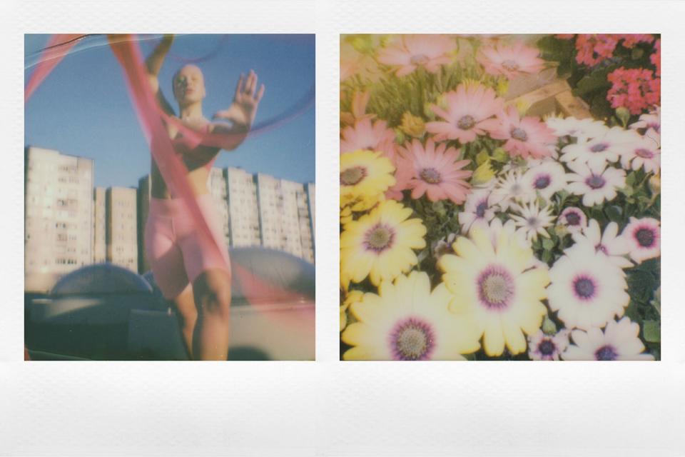 Left: Quinn Whitney Wilson holding pink ribbon; right: yellow, white, and pink flowers