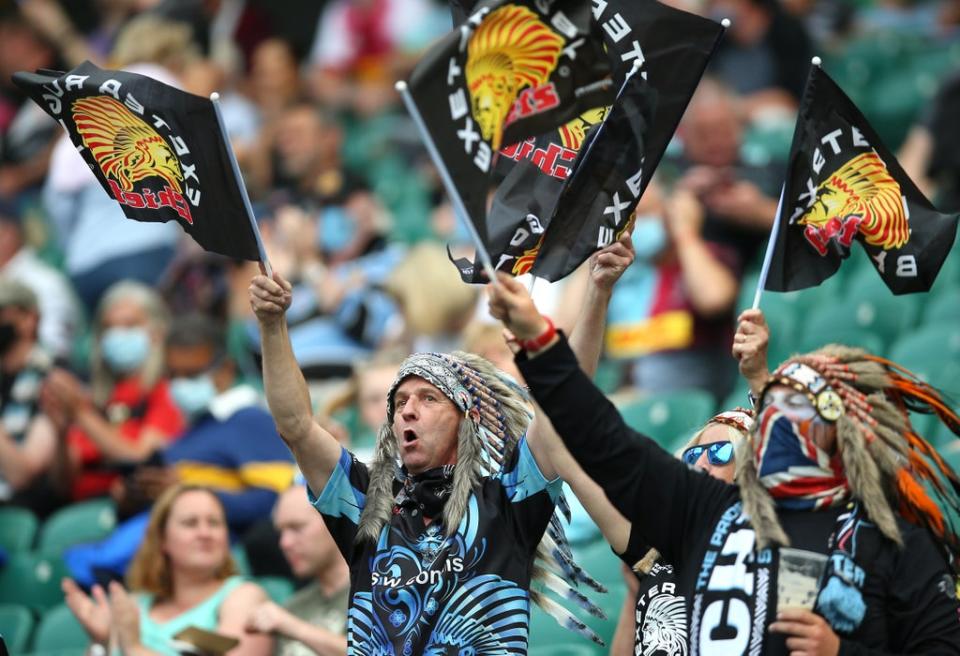 Exeter Chiefs fans wearing the headdresses (Nigel French/PA) (PA Wire)