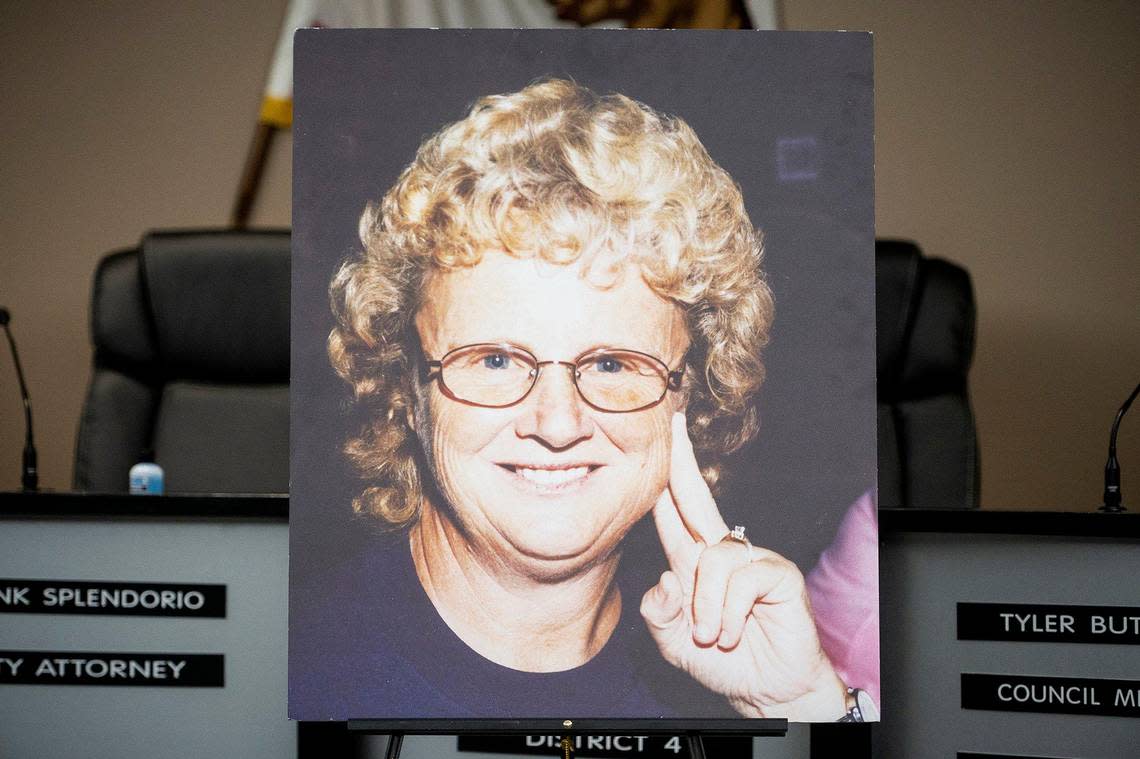 An image of Carolyn Rose, 76, is displayed during a news conference to update the public on the investigation into a Nov. 2 traffic collision which killed two pedestrians, at Atwater City Hall in Atwater, Calif., on Tuesday, Nov. 29, 2022. According to police, Rose and her sister Billie Edwards, 73, were struck and killed by the vehicle near the intersection of East Juniper Avenue and Augusta Lane while walking along the sidewalk.