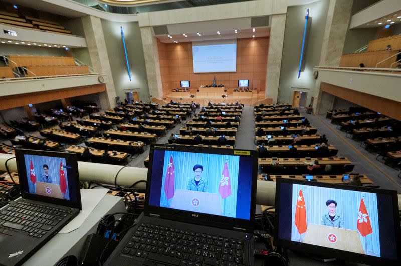 Lam, chief executive of Hong Kong, addresses by video link the Human Rights Council in Geneva