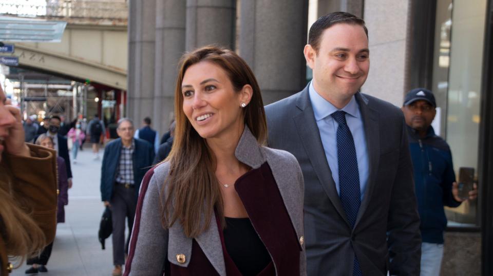 Alina Habba, left, and Michael Madaio, attorneys for former president Donald Trump, in Midtown Manhattan on May 9, 2022.