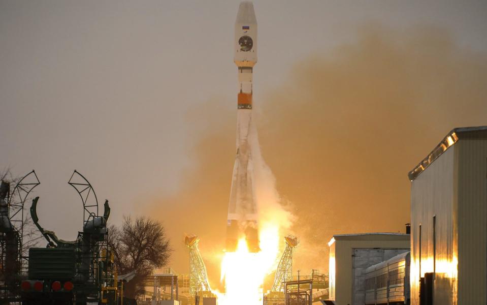 The Soyuz 2.1b rocket with a Fregat-M booster and meteorology and emergency communications satellite Arktika-M No 1 launches from Baikonur Cosmodrome.  - Roscomos\\TASS via Getty Images