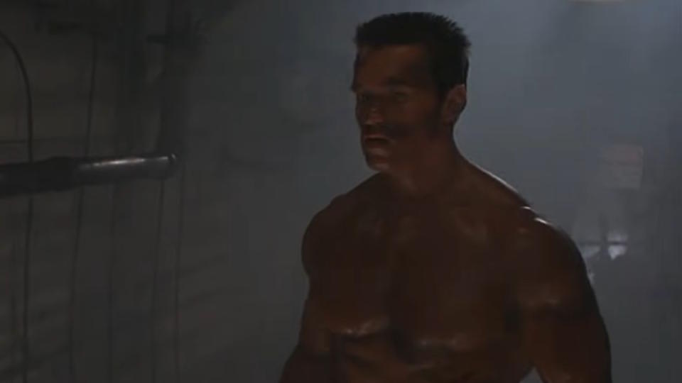 Arnold Schwarzenegger stands shirtless at the end of Commando