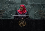 The President of Tanzania, Samia Suluhu Hassan addresses the 76th Session of the U.N. General Assembly at United Nations headquarters in New York, on Thursday, Sept. 23, 2021. (Timothy A. Clary/Pool Photo via AP)