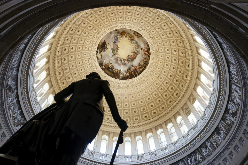 The Rotunda of the U.S. Capitol is seen as a consequential week begins for President Joe Biden's agenda and Democratic leaders in Congress who are trying to advance his $3.5 trillion "Build Back Better" package and pass legislation to avoid a federal shutdown, in Washington, Monday, Sept. 27, 2021. (AP Photo/J. Scott Applewhite)