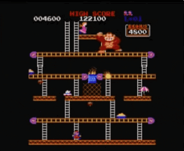 A 1980s-style Donkey Kong arcade game scene.