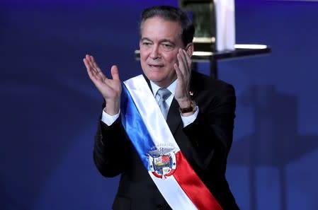 Panama's new President Laurentino Cortizo gestures after addressing the audience during his inauguration ceremony, in Panama City