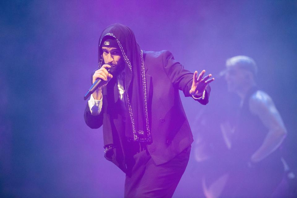 Bad Bunny performs on stage for his “Most Wanted Tour” at Bridgestone Arena in Nashville, Tenn., Saturday, May 11, 2024.