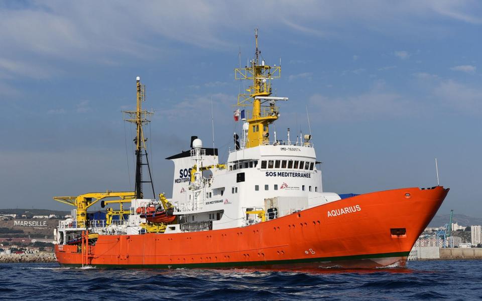 The migrant rescue ship Aquarius leaving Marseilles harbour in August 2018 after a month of maintenance work - AFP