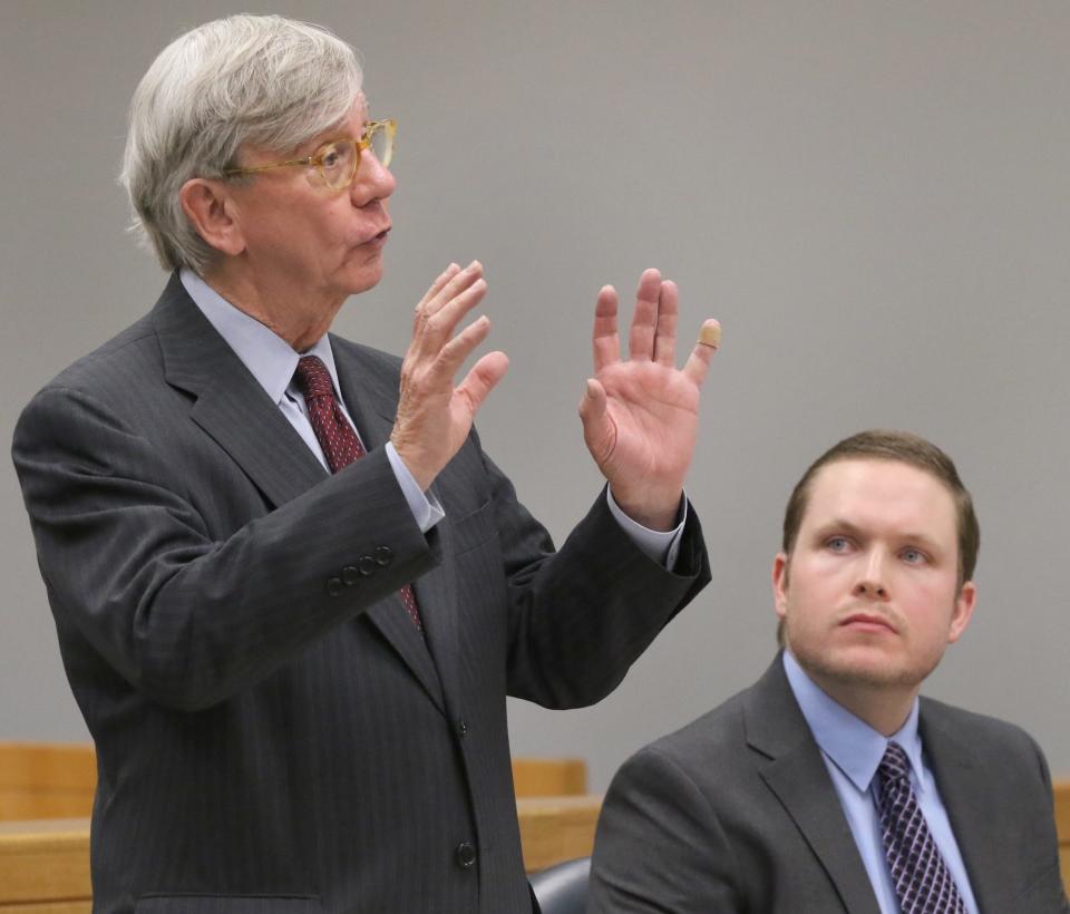 Attorneys Jon Buchan and Chase Stevens present arguments for not sealing the 911 calls in the death of Juan Avalo to Judge David Phillips Wednesday morning, Jan. 25, 2023, at the Gaston County Courthouse.