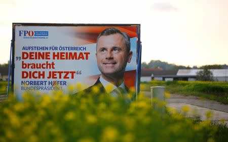 A election campaign poster of far right Freedom Party presidential candidate Norbert Hofer is seen near Nickelsdorf, Austria, May 3, 2016. REUTERS/Leonhard Foeger