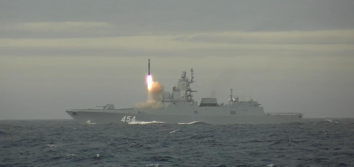 May 30, 2022, Russian Federation: This footage, published Sunday (29May2022) shows the Frigate Admiral of the Fleet of the Soviet Union Gorshkov conducts a test firing of Zircon hypersonic cruise  missile in the Barents Sea...According to the Russian Ministry of Defence, the test firing hit a target in the White Sea. It was part of a test of new Russian weapons.. .Russian officials claimed the missile successfully hit a sea target located at a distance of about 1,000 km. (Ministry of Defence of the Russian Federation/Cover Images via ZUMA Press)