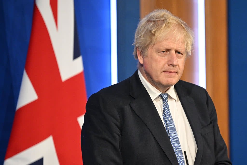 Prime Minister Boris Johnson speaks during a press conference in Downing Street on Wednesday after Sue Gray’s report was published (Leon Neal/PA) (PA Wire)