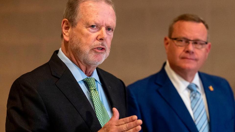 At a Sept. 19, 2023 press conference in Raleigh, NC, North Carolina Senate leader Phil Berger and House Speaker Tim Moore announced that they had reached a deal on the state budget.