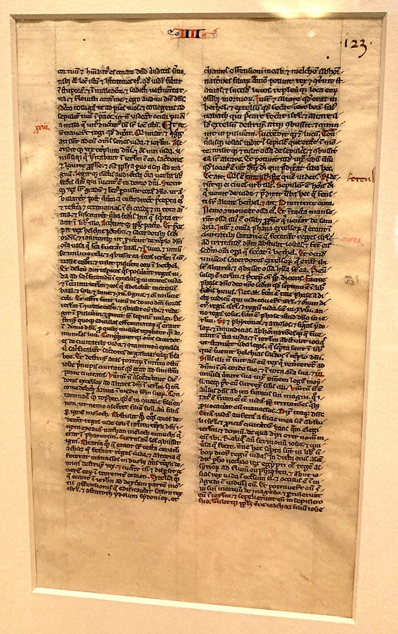 This miniature page, 5 by 7½ inches, is from a Bible produced around 1240 in France. The text is less than 1/16th of an inch high. It is part of the “Painted Pages” exhibit at the Citadelle Art Museum in Canadian.