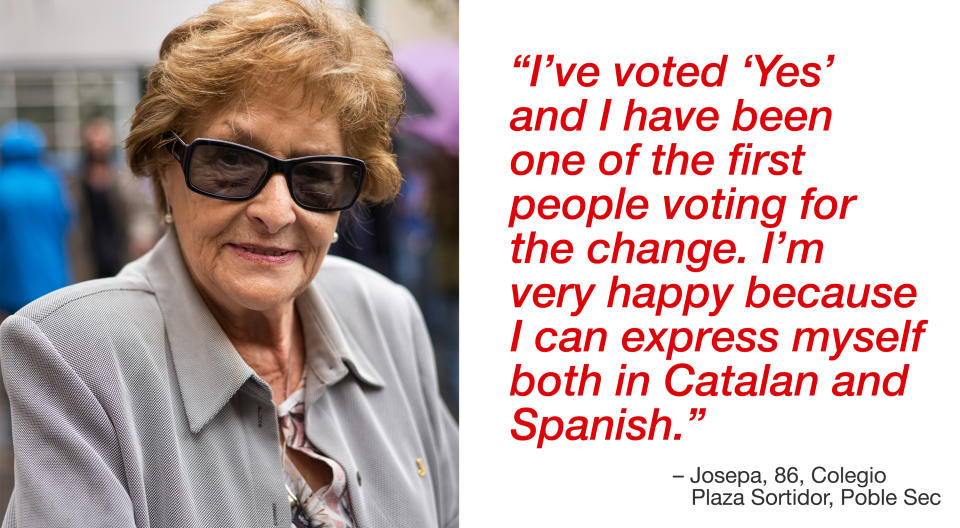 <p>“I’ve voted ‘Yes’ and I have been one of the first people voting for the change. I’m very happy because I can express myself both in Catalan and Spanish.” (Photograph by Jose Colon/ MeMo for Yahoo News) </p>