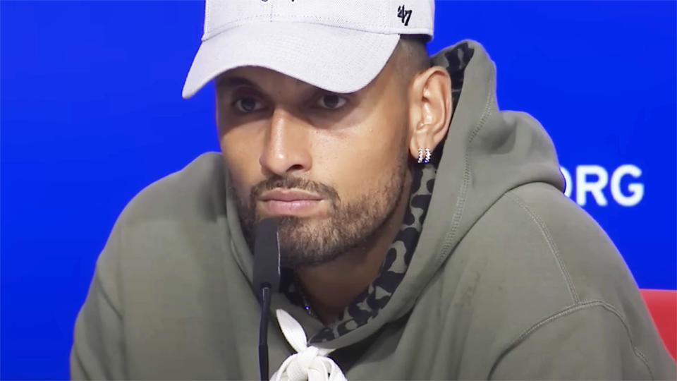 Nick Kyrgios, pictured here speaking to reporters after his win over Daniil Medvedev at the US Open.