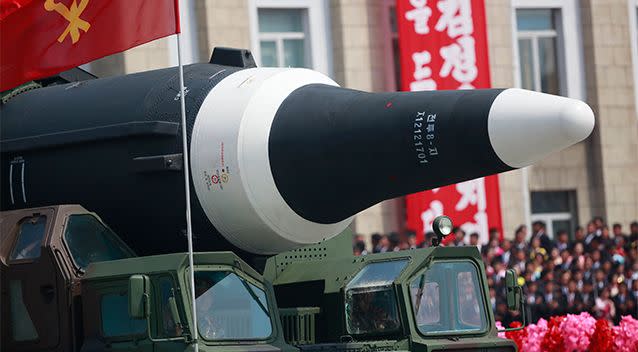 A missile on display during a recent military parade in North Korea. Photo: AP