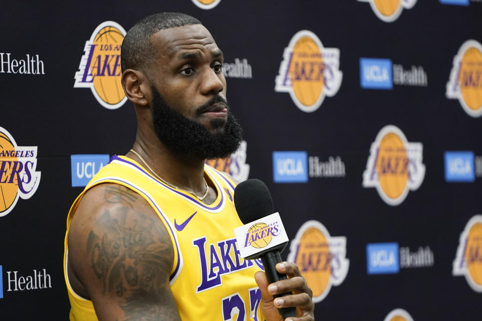 Los Angeles Lakers forward LeBron James listens to questions during media day on October 2, 2023 in El Segundo, California.  (AP Photo/Ryan Sun)