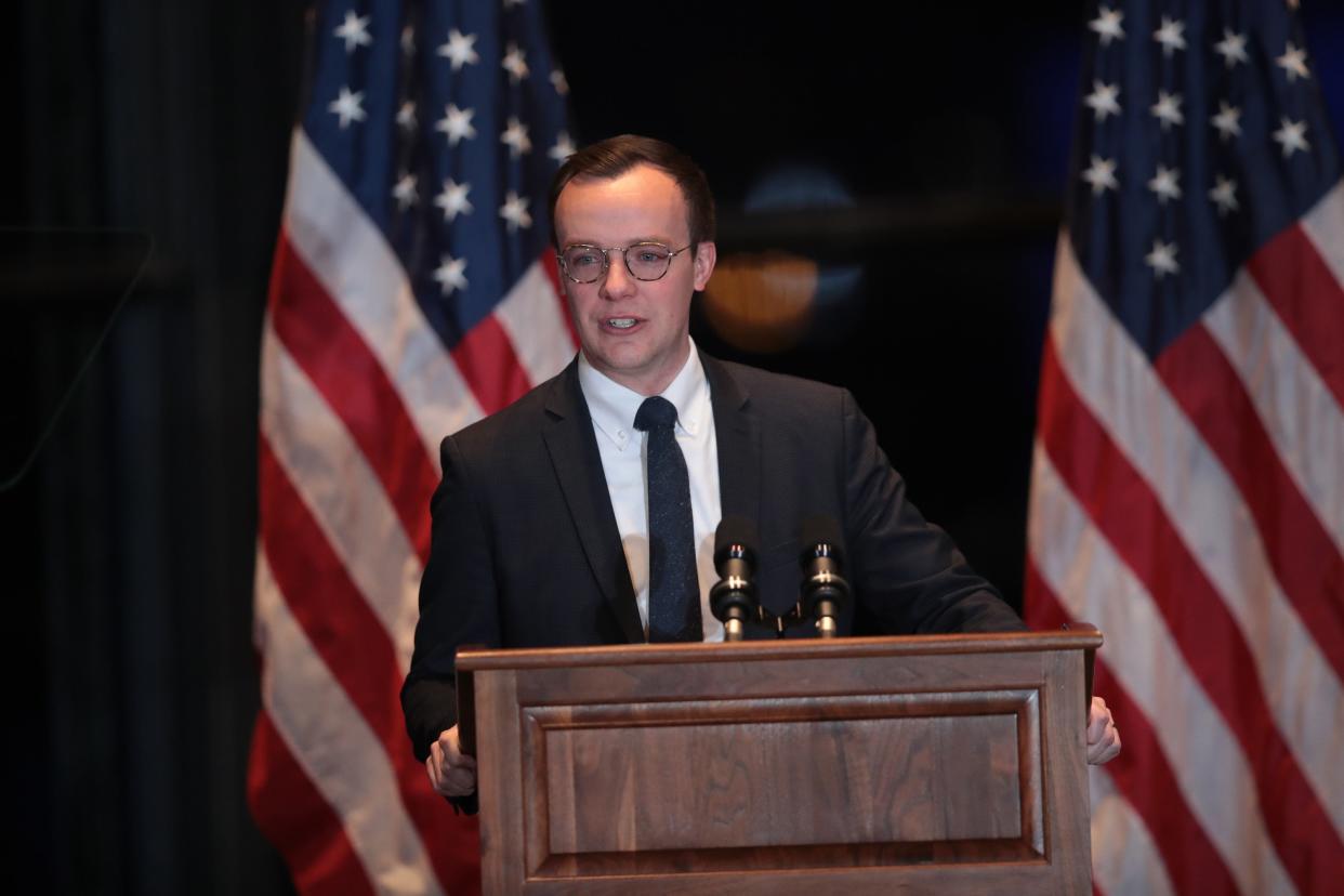 Chasten Buttigieg fights back tears while introducing his husband, former South Bend, Indiana Mayor Pete Buttigieg, before Pete made a speech announcing he was ending his campaign to be the Democratic nominee for president at the Century Centre on 1 March 2020 in South Bend, Indiana ((Getty Images))