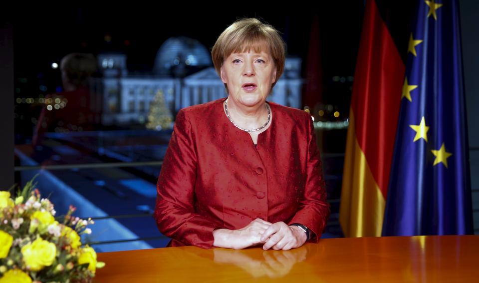 German Chancellor Angela Merkel poses after recording her New Year's speech in the Chancellery in Berlin, Germany, December 30, 2015. REUTERS/Hannibal Hanschke