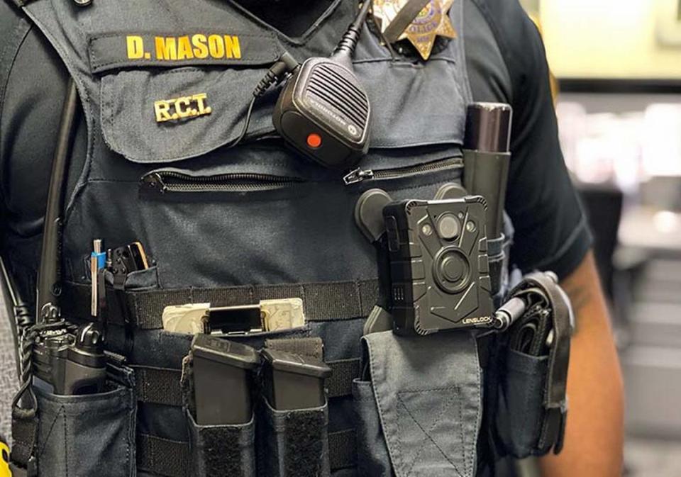 A Roseville Police Department officer wears a body camera. California lawmakers are debating banning or regulating police use of body cameras and facial recognition technology.
