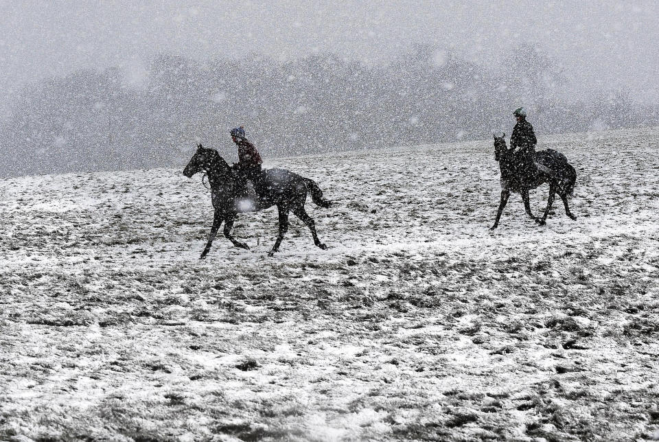 Jockeys and their horses are caught in a blizzard as they make their way to the gallops on the Pennines near West Witton as snowfall continues to sweep across the north of England.