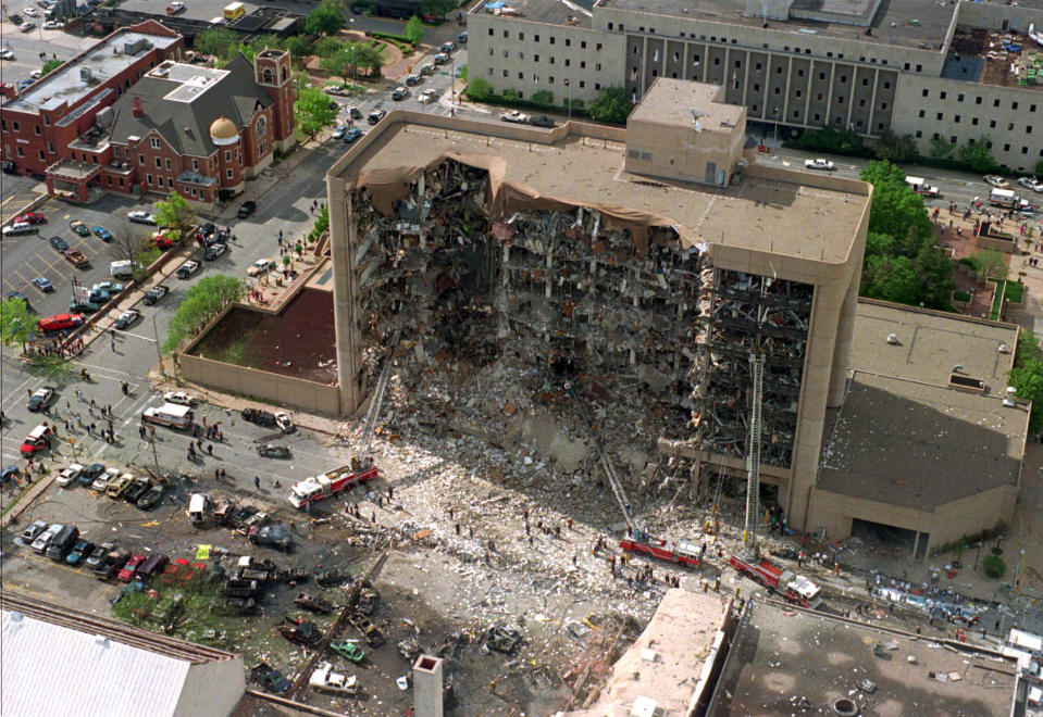 FILE - This April 19, 1995 file photo shows the north side of the Alfred Murrah Federal Building in Oklahoma City, after it was destroyed by a domestic terrorist's bomb killing 168 people. (AP Photo/File)