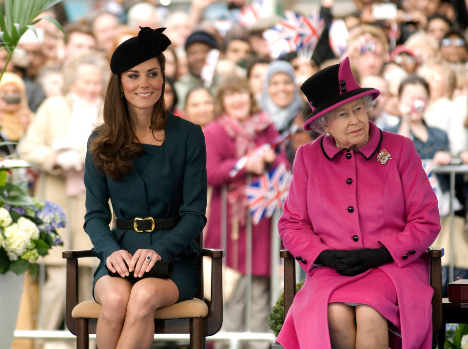 The Duchess of Cambridge and the Queen made their first appearance together, without Prince William in March 2012. (Photo by GAVIN FOGG/POOL/AFP via Getty Images)