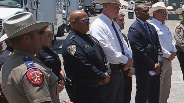 PHOTO: Uvalde School Police Chief Pete Arredondo, third from left, stands during a news conference outside of the Robb Elementary school in Uvalde, Texas, May 26, 2022.   (Dario Lopez-Mills/AP, FILE)