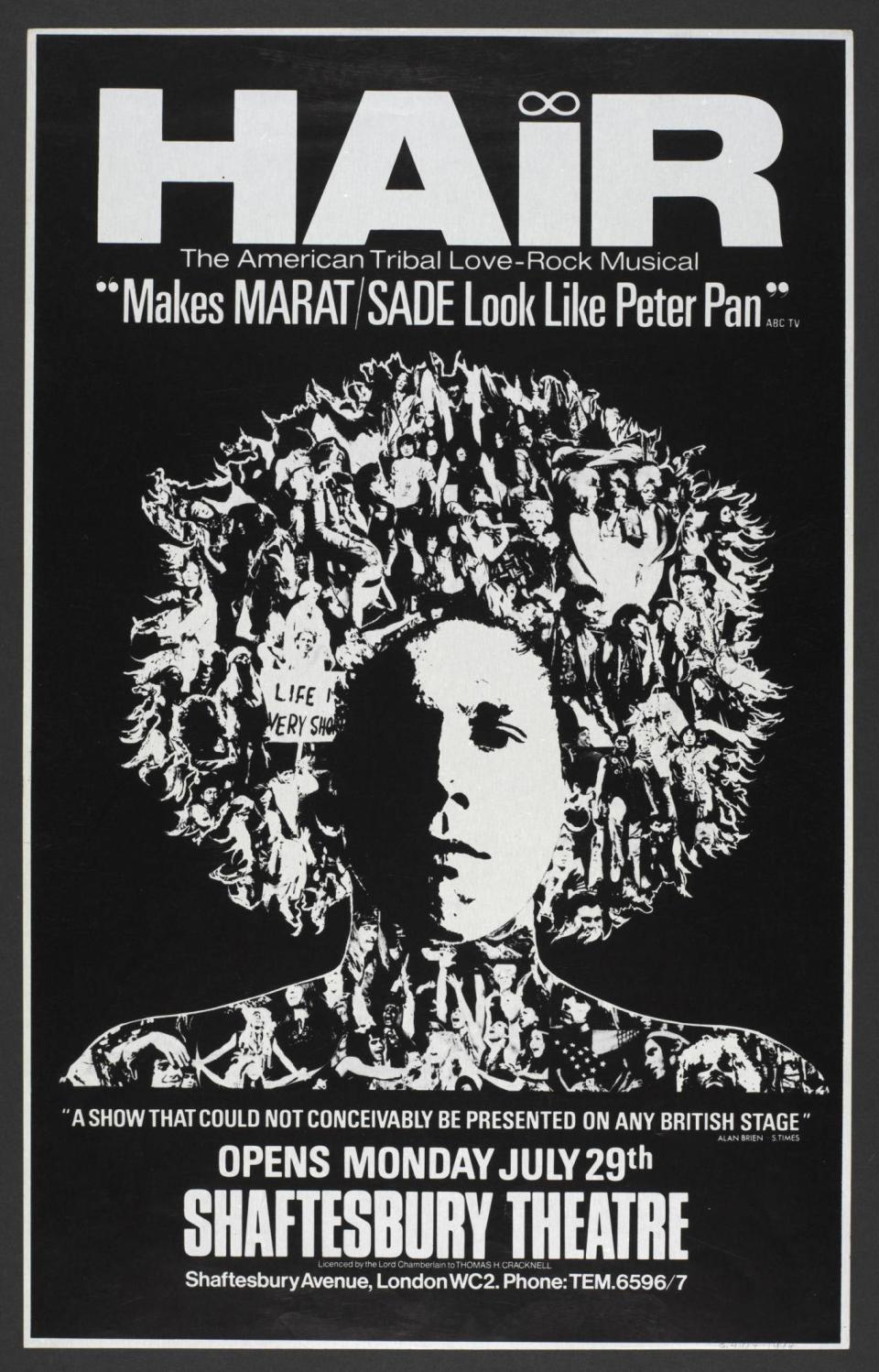 Poster for the opening of ‘Hair’ at the Shaftesbury Theatre, 1968 (Victoria and Albert Museum)