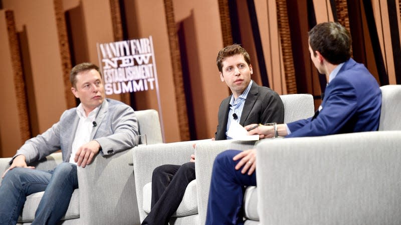 Tesla Motors CEO and Product Architect Elon Musk, Y Combinator President Sam Altman and The New York Times Financial Columnist Andrew Ross Sorkin speak onstage during "What Will They Think of Next? Talking About Innovation" at the Vanity Fair New Establishment Summit at Yerba Buena Center for the Arts