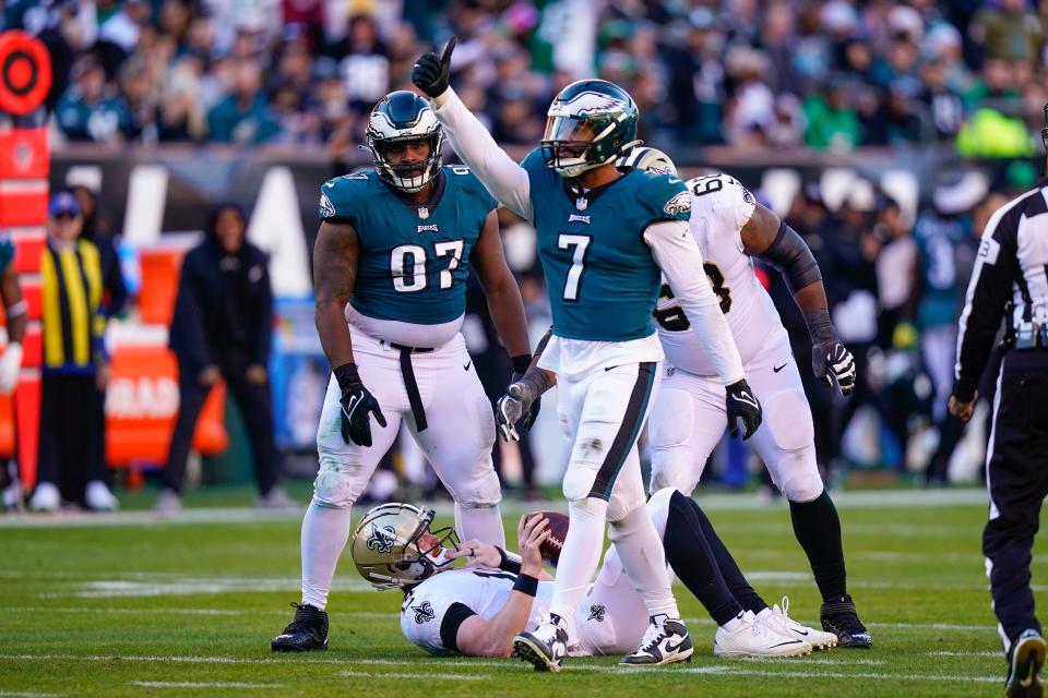 Philadelphia Eagles linebacker Haason Reddick (7) reacts after a sack of New Orleans Saints quarterback Andy Dalton on Jan. 1, 2023.