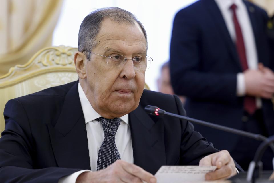 Russian Foreign Minister Sergey Lavrov speaks to North Korean Foreign Minister Choe Son Hui during their talks in Moscow, Russia, Tuesday, Jan. 16, 2024. (Maxim Shemetov/Pool Photo via AP)