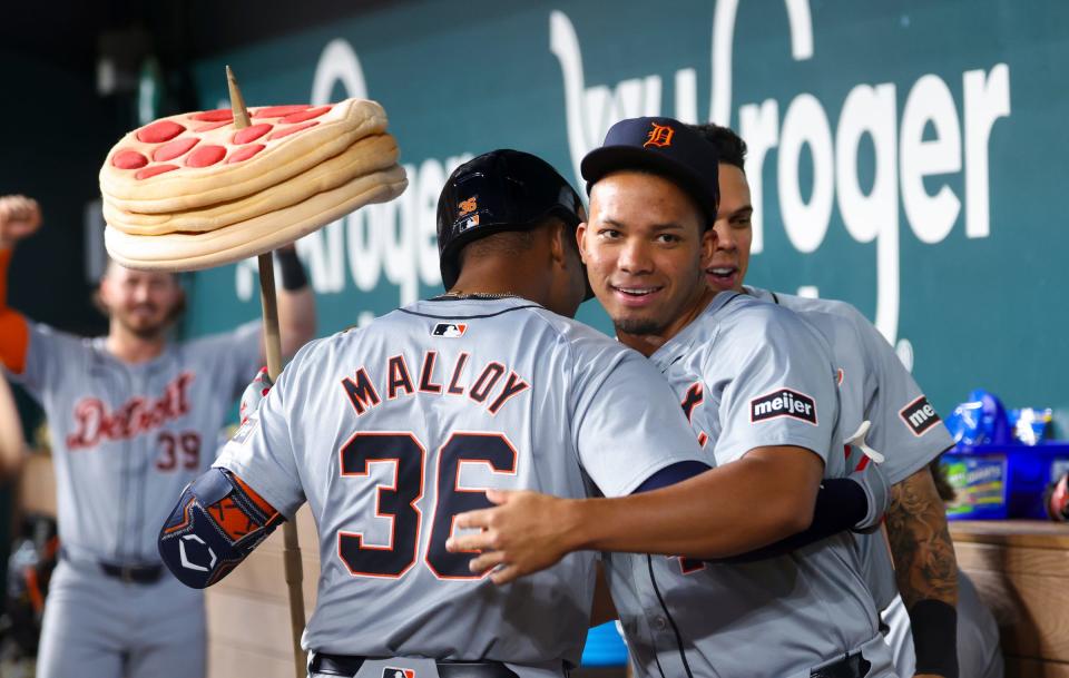 Tigers designated hitter Justyn-Henry Malloy celebrates with teammates after hitting a home run during the sixth inning against the Rangers on Wednesday, June 5, 2024, in Arlington, Texas.