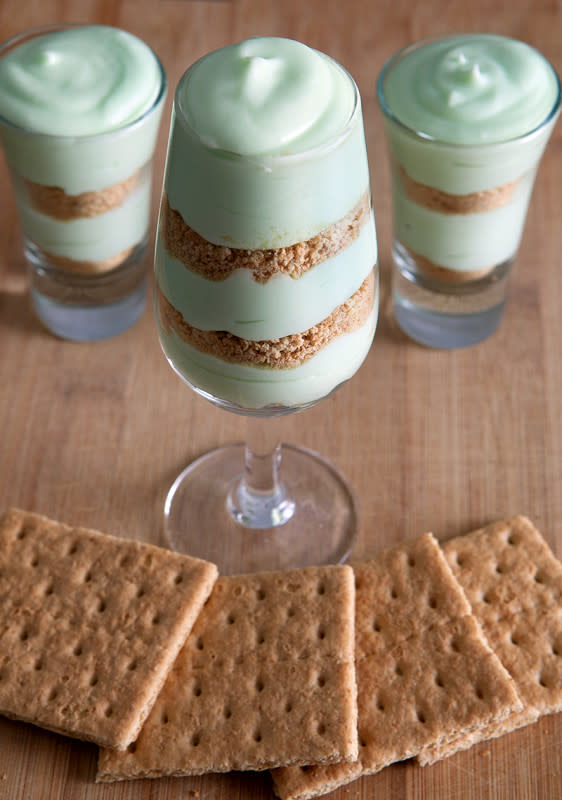 <p>Brownie Bites</p><p>These simple and perfectly-portioned treats, inspired by the McDonald's Shamrock Shake, are made by layering a light white chocolate peppermint mousse with crushed graham crackers. </p><p><strong>Get the recipe here: <a href="http://www.browniebites.net/shamrock-dessert-shooters/" rel="nofollow noopener" target="_blank" data-ylk="slk:Shamrock Dessert Shooters;elm:context_link;itc:0;sec:content-canvas" class="link ">Shamrock Dessert Shooters</a></strong></p>