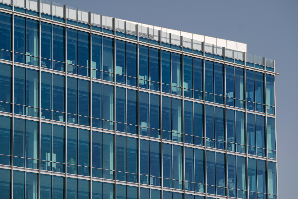 Empty offices in a building on a Google campus in Sunnyvale, California, on April 21, 2021. (David Paul Morris / Bloomberg via Getty Images)