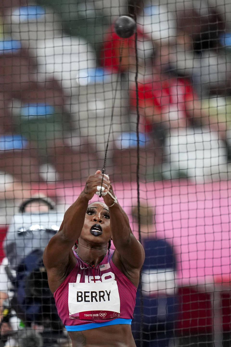 Gwen Berry, of the United States, competes in the women's hammer throw final at the 2020 Summer Olympics, Tuesday, Aug. 3, 2021, in Tokyo. (AP Photo/David J. Phillip)