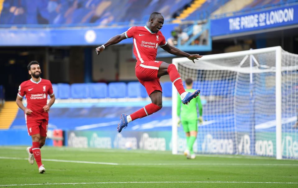 Sadio Mane celebrates scoring Liverpool's second goal against Chelsea as teammate Mohamed Salah looks on. (Michael Regan/Getty Images)