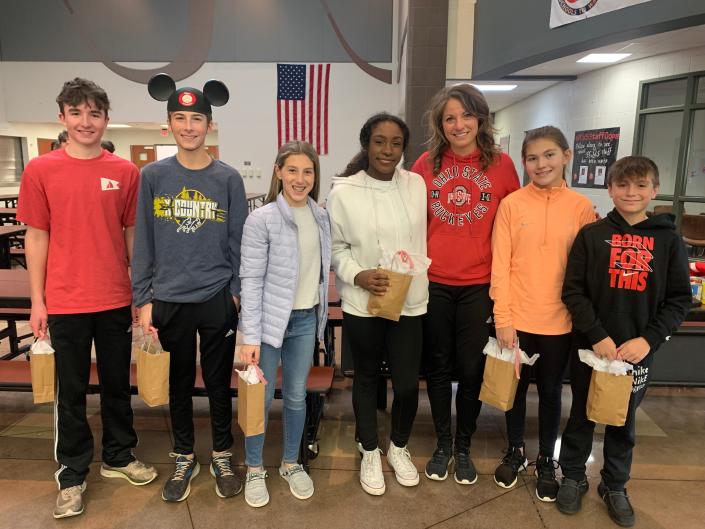 Port Clinton Middle School students organized a 2 Cans for 2K.  Winning runners were Grady Northrop, Charlie Simpson, Thea Wybsinger, Anaiya Parriot, Kerry Fial – Student Council Adviser, Isabella Adkins, and Dylan Reynolds.