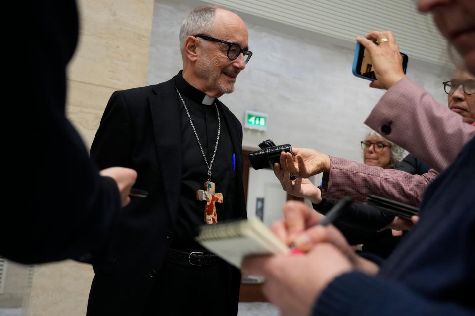 The Prefect of the Dicastery for Promoting Integral Human Development, Cardinal Michael Czerny, meets the journalists at the Vatican press hall, in Rome, Thursday, March 30, 2023. The Vatican has formally repudiated the "Doctrine of Discovery." That is the theory backed by 15th century papal bulls that legitimized the colonial-era seizure of Native lands and form the basis of some property law today. Indigenous groups have been demanding such a statement for decades. (AP Photo/Gregorio Borgia)