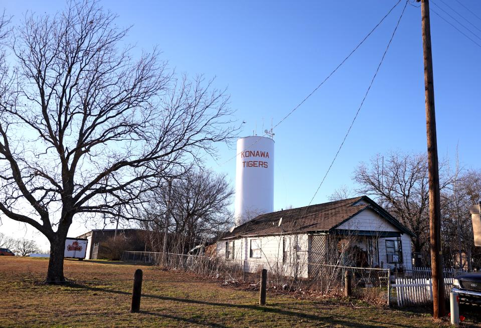 A water tower is pictured Feb. 8 in Konawa, a small community about 75 miles southeast of Oklahoma City.