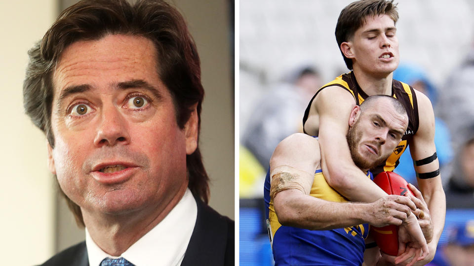 AFL boss Gillon McLachlan is pictured on the left, while West Coast's Luke Shuey is tackled high on the right.