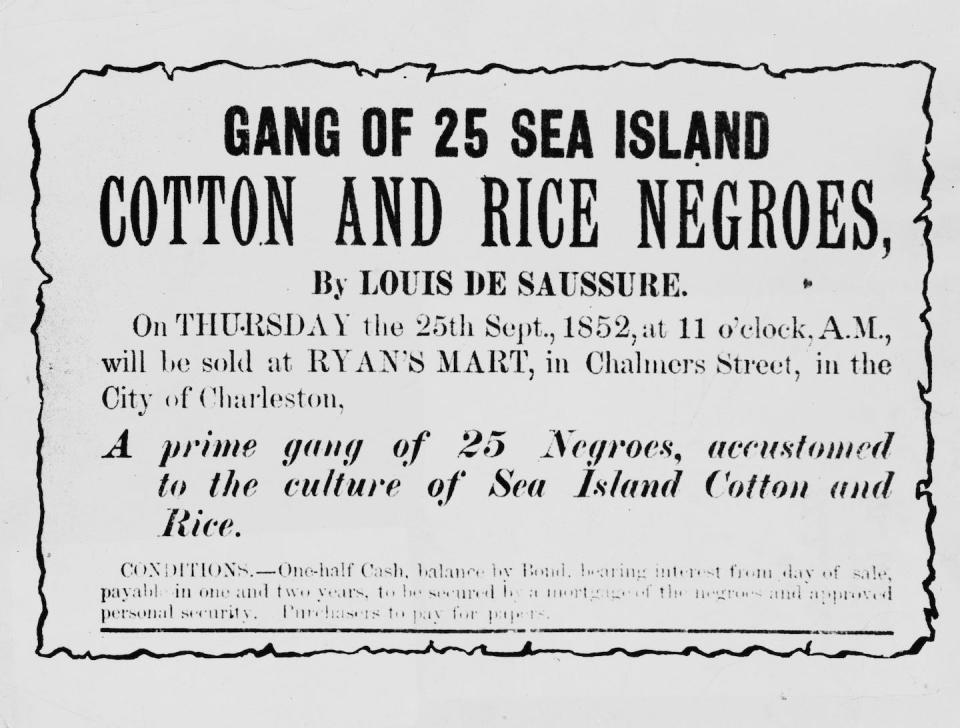 An advertisement details the auction sale of 25 enslaved Black people at Ryan’s Mart in Charleston, S.C., on Sept. 25, 1852. <a href="https://www.gettyimages.com/detail/news-photo/broadside-by-louis-de-saussure-of-a-sale-of-25-enslaved-sea-news-photo/1457493575?adppopup=true" rel="nofollow noopener" target="_blank" data-ylk="slk:Kean Collection/Archive Photos/Getty Images;elm:context_link;itc:0;sec:content-canvas" class="link ">Kean Collection/Archive Photos/Getty Images</a>