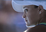Australia's Ashleigh Barty rests in her chair courtside during her quarterfinal against Petra Kvitova of the Czech Republic at the Australian Open tennis championship in Melbourne, Australia, Tuesday, Jan. 28, 2020. (AP Photo/Andy Brownbill)