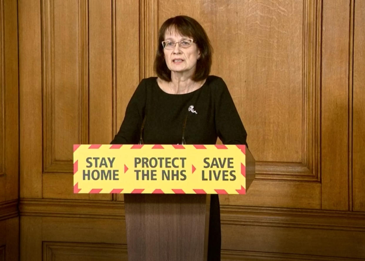 Screen grab of Deputy Chief Medical Officer Dr Jenny Harries during a media briefing in Downing Street, London, on coronavirus (COVID-19). (Photo by PA Video/PA Images via Getty Images)