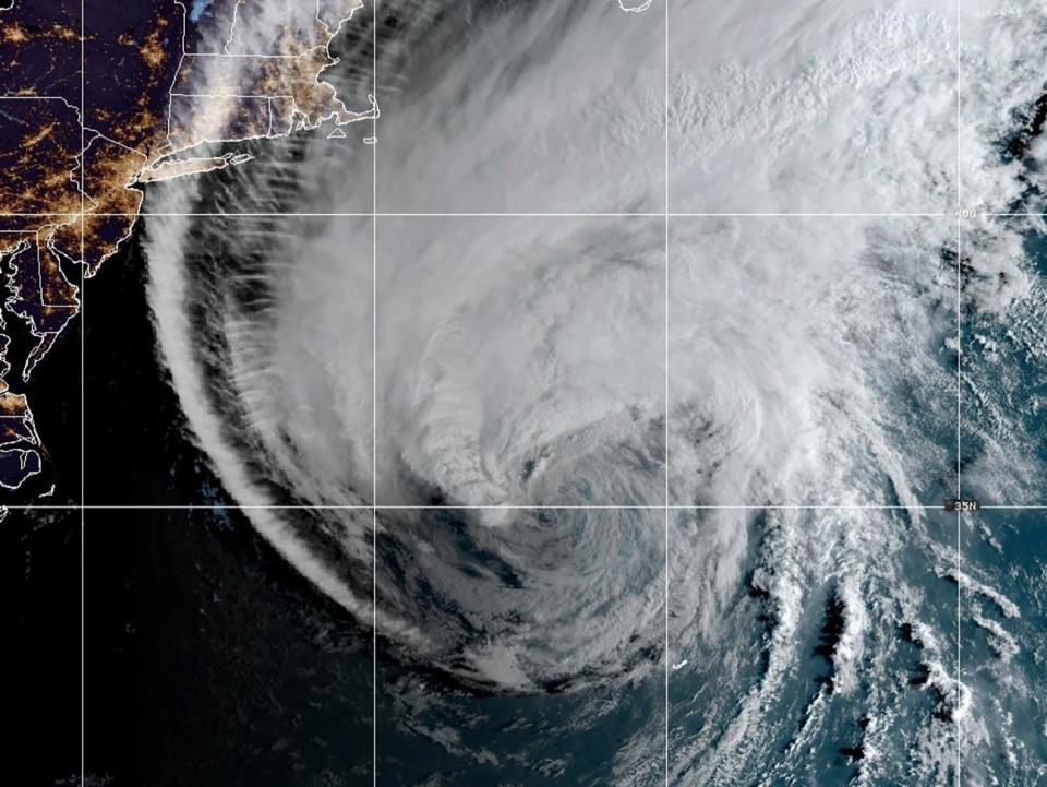 This Friday, Sept. 15, 2023, 7:10a.m. EDT satellite image provided by the National Oceanic and Atmospheric Administration shows Hurricane Lee in the Atlantic Ocean.   Maine was under its first hurricane watch in 15 years and a state of emergency declared Thursday by Gov. Janet Mills.   The hurricane watch applied to eastern Maine, while the rest of the state and an area extending south through Massachusetts was under a tropical storm warning. (NOAA via AP) (AP)
